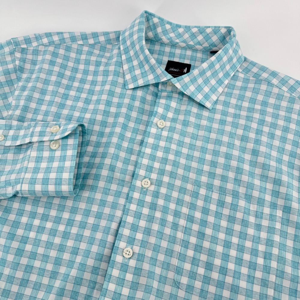 Johnnie-O Ashworth Button Down Mens Large Haze Blue Gingham‎ Performance